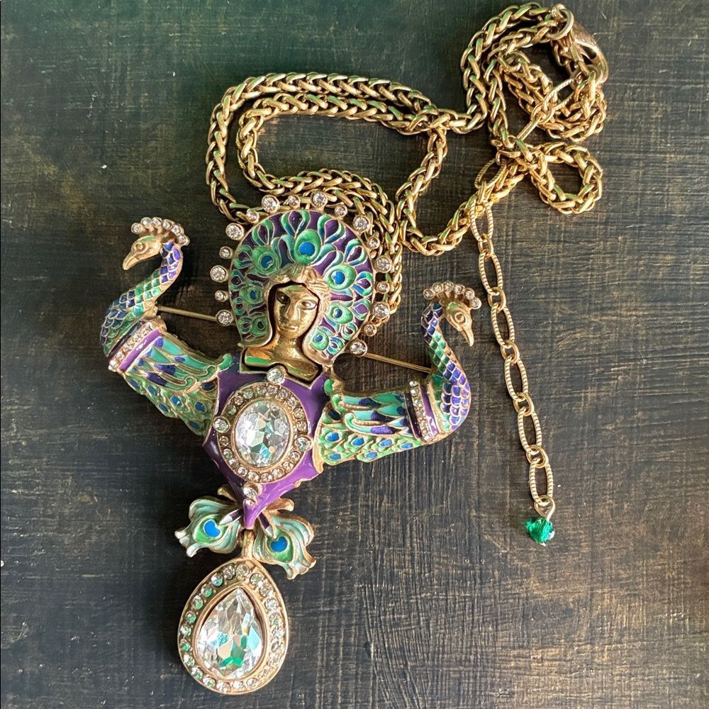 NEW Art Noveau Juno & peacocks signed HEIDIK9 set of necklace/earrings goldtone - Picture 13 of 16